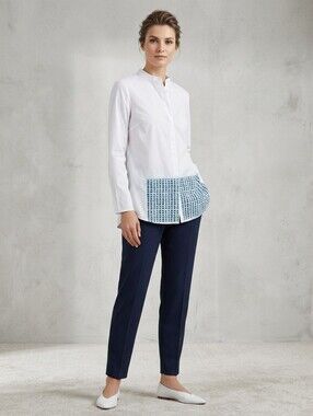 Piazza Sempione Italian white button up blouse blue black geometric Sz 6 top